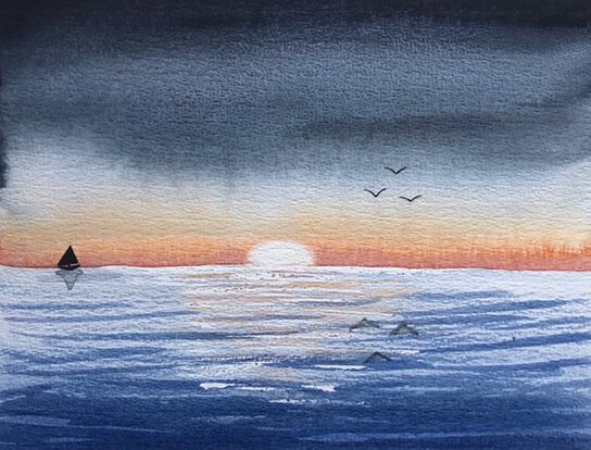 Ondergaande zon Marina Goudappel aquarel waterverf